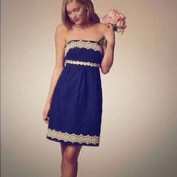Lilly Pulitzer Betsey Navy and Gold Jacquard Strapless Dress Size 2 - Picture 2 of 16